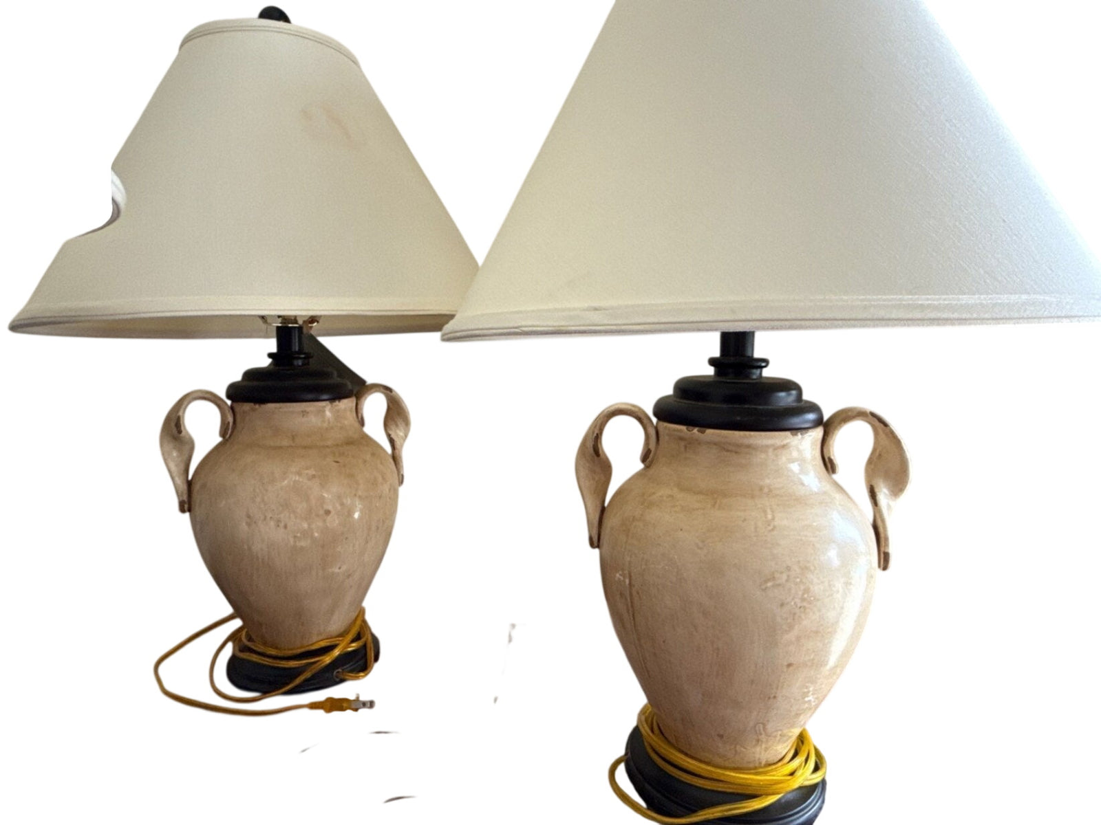 Distressed Creme Ceramic Table Lamps with Linen Shades Pair)