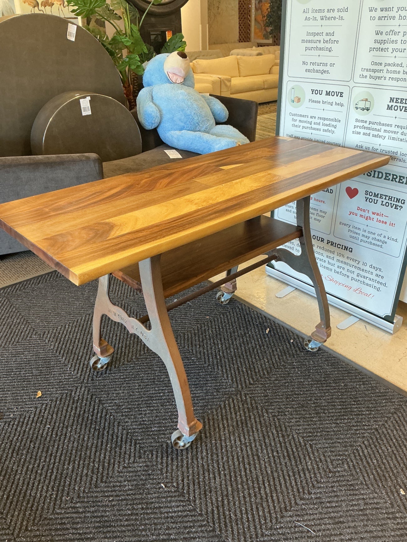 Industrial Wrought Iron Rolling Butcher Block Counter Height Table (56" x 21" x 39")