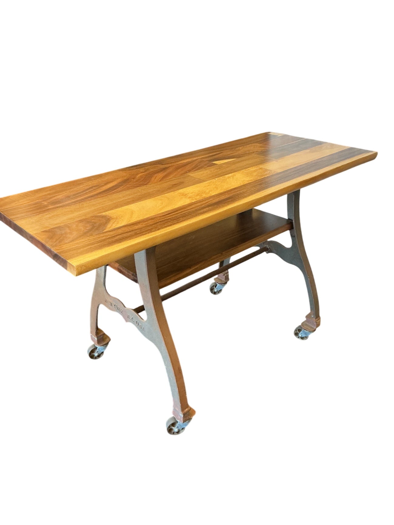 Industrial Wrought Iron Rolling Butcher Block Counter Height Table (56" x 21" x 39")