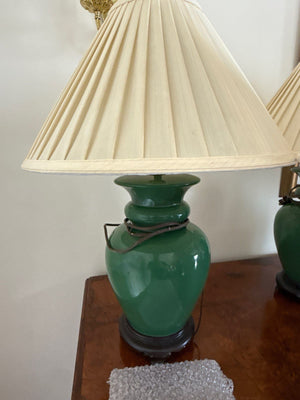  Dark Green Ceramic Table Lamps with Lined Silk Shades (Pair)