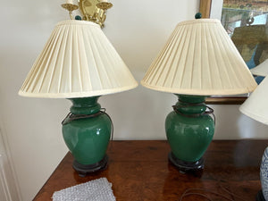 Dark Green Ceramic Table Lamps with Lined Silk Shades (Pair)