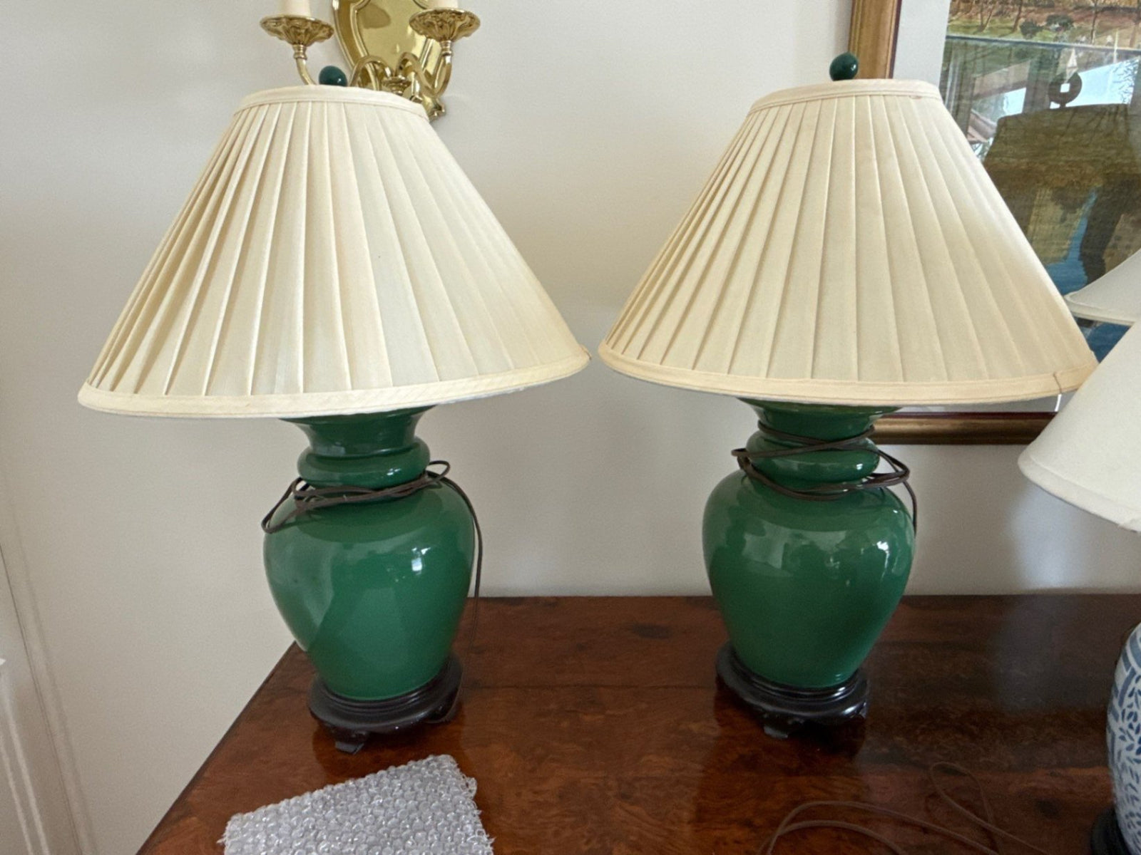  Dark Green Ceramic Table Lamps with Lined Silk Shades (Pair)