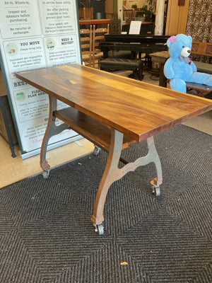 Industrial Wrought Iron Rolling Butcher Block Counter Height Table (56" x 21" x 39")