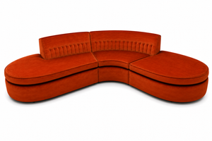 High-end postmodern / Vladimir Kagan-inspired serpentine burnt orange sectional sofa. 108" length x 25" Back Height x 15.5" front height x 25" cushion depth