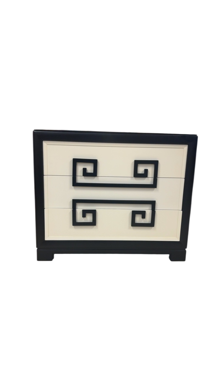 Pair of 1940s Kittinger “Mandarin” Greek Key Two-Drawer Nightstands – 34”W x 39”