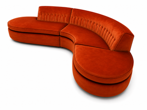 High-end postmodern / Vladimir Kagan-inspired serpentine burnt orange sectional sofa. 108" length x 25" Back Height x 15.5" front height x 25" cushion depth
