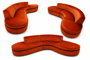 High-end postmodern / Vladimir Kagan-inspired serpentine burnt orange sectional sofa. 108" length x 25" Back Height x 15.5" front height x 25" cushion depth