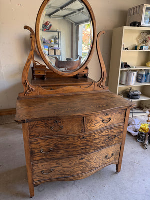 Antique Tiger Oak Mirrored Dresser, 42” x 21 1/2” x 72”