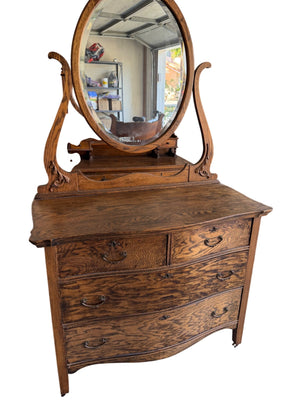Antique Tiger Oak Mirrored Dresser, 42” x 21 1/2” x 72”