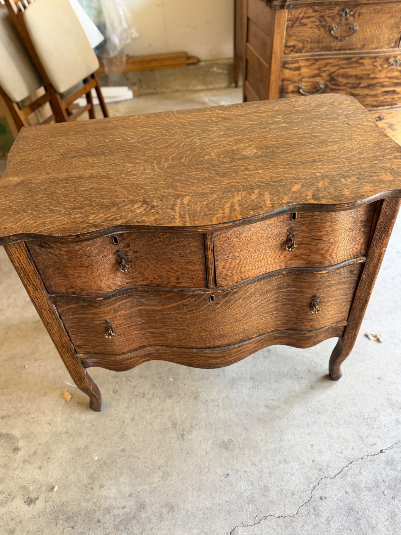Antique  3 Drawer Tiger Oak Dresser , 34” x 20” x 28”