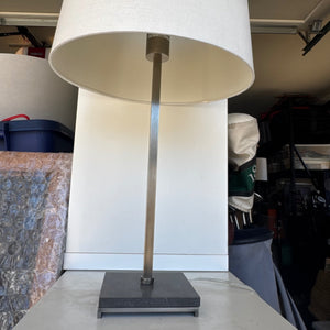 Brushed Nickel Table Lamp with White Fabric Drum Shade (26” Tall, 13” Shade Width)