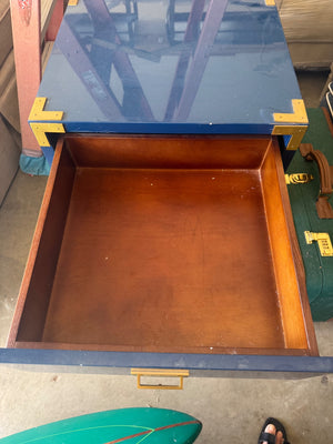 Vintage Brass Campaign-Style Nightstand in Glossy Navy Lacquer 20x18x30