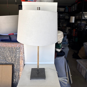 Brushed Nickel Table Lamp with White Fabric Drum Shade (26” Tall, 13” Shade Width)