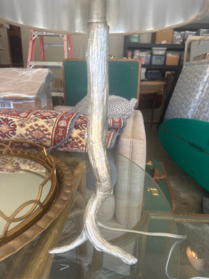 Faux Bois Branch Table Lamp with Cream Cylindrical Drum Shade (Nickel/Silver Tone) 29 1/2” tall; Shade 10 1/4” wide