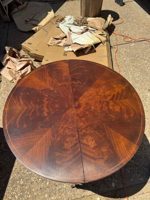 Round Mahogany Demi-Lune Console Table (30x36) Marquetry-Style Inlay Top and Felt-Lined Drawers