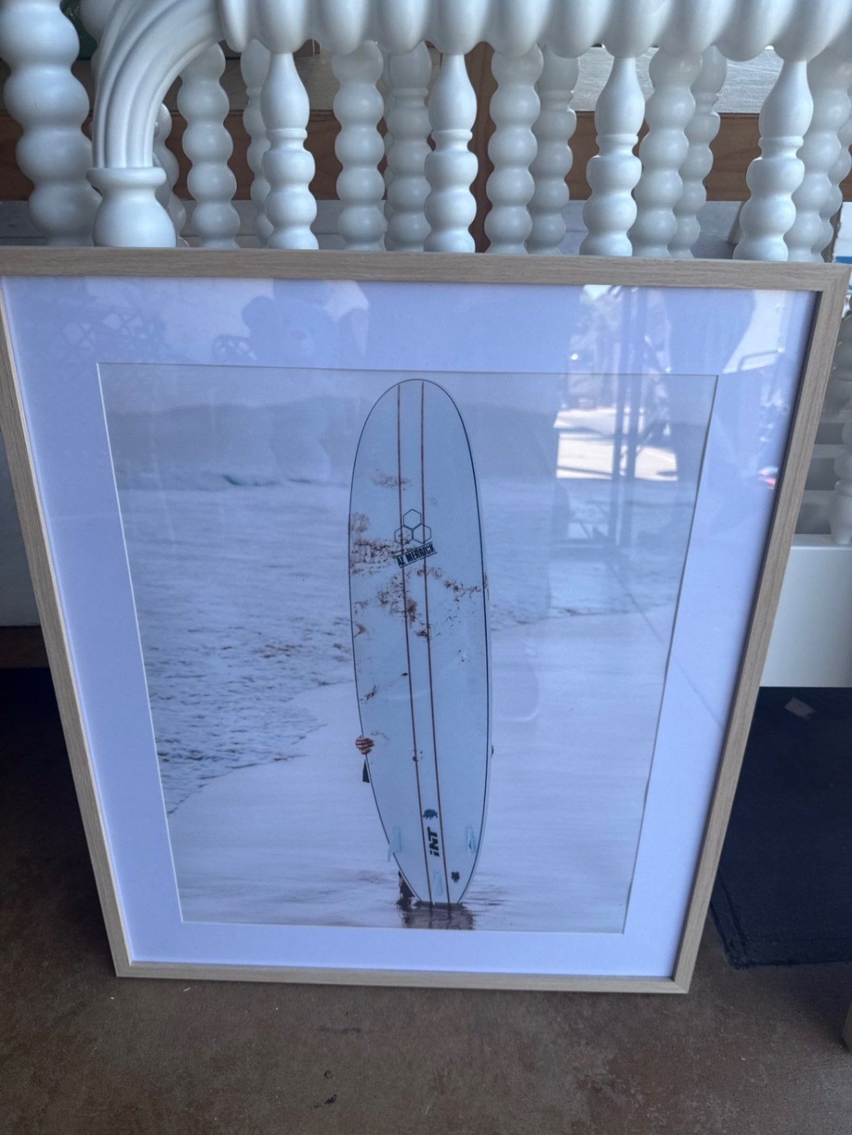 Framed Surfer and Longboard Beach Photograph, 25 x 21 in