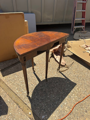 Round Mahogany Demi-Lune Console Table (30x36) Marquetry-Style Inlay Top and Felt-Lined Drawers