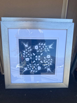 Blue and White Framed Fish Print, 22 x 22 in