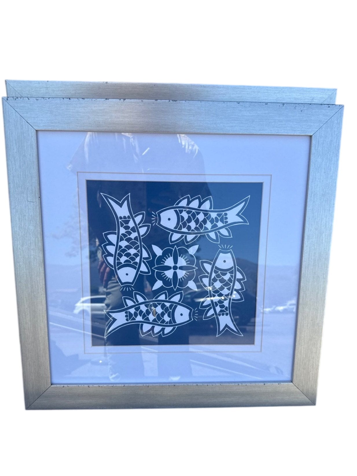 Blue and White Framed Fish Print, 22 x 22 in