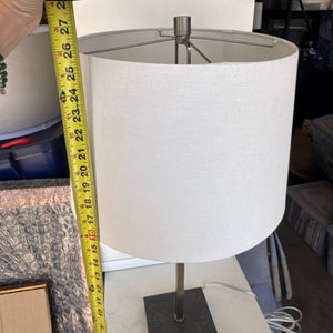Brushed Nickel Table Lamp with White Fabric Drum Shade (26” Tall, 13” Shade Width)