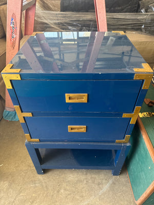Vintage Brass Campaign-Style Nightstand in Glossy Navy Lacquer 20x18x30