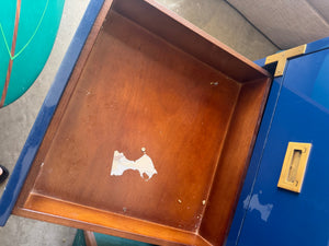Vintage Brass Campaign-Style Nightstand in Glossy Navy Lacquer 20x18x30