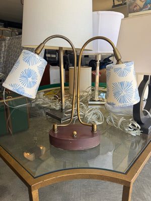 Double Brass Lamp with Custom Schumacher Fabric Shade, 17" x 17 1/2"