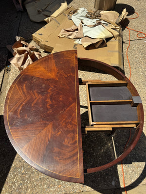 Round Mahogany Demi-Lune Console Table (30x36) Marquetry-Style Inlay Top and Felt-Lined Drawers