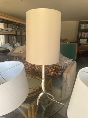 Faux Bois Branch Table Lamp with Cream Cylindrical Drum Shade (Nickel/Silver Tone) 29 1/2” tall; Shade 10 1/4” wide