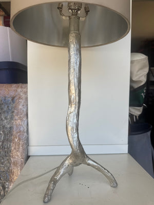 Faux Bois Branch Table Lamp with Cream Cylindrical Drum Shade (Nickel/Silver Tone) 29 1/2” tall; Shade 10 1/4” wide