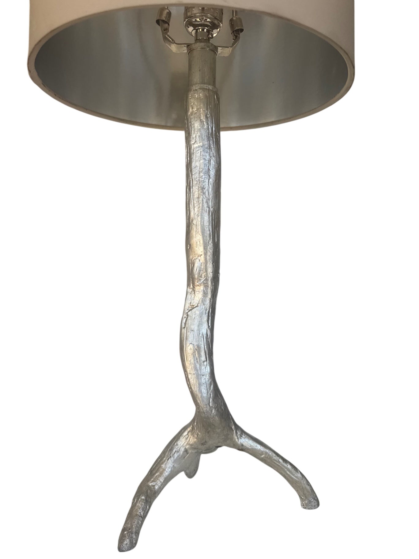 Faux Bois Branch Table Lamp with Cream Cylindrical Drum Shade (Nickel/Silver Tone) 29 1/2” tall; Shade 10 1/4” wide