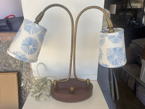 Double Brass Lamp with Custom Schumacher Fabric Shade, 17" x 17 1/2"