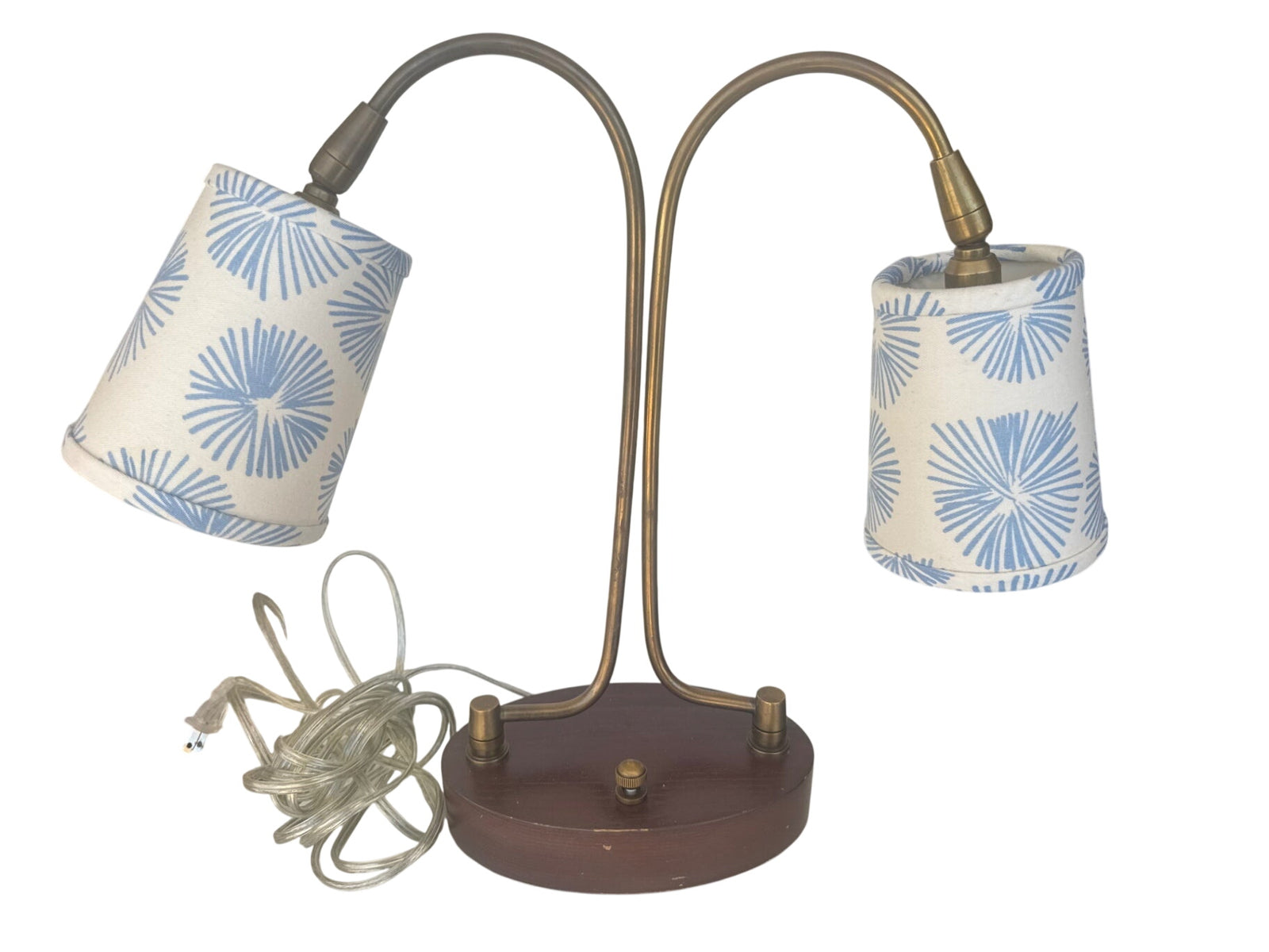 Double Brass Lamp with Custom Schumacher Fabric Shade, 17" x 17 1/2"