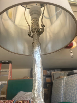 Faux Bois Branch Table Lamp with Cream Cylindrical Drum Shade (Nickel/Silver Tone) 29 1/2” tall; Shade 10 1/4” wide
