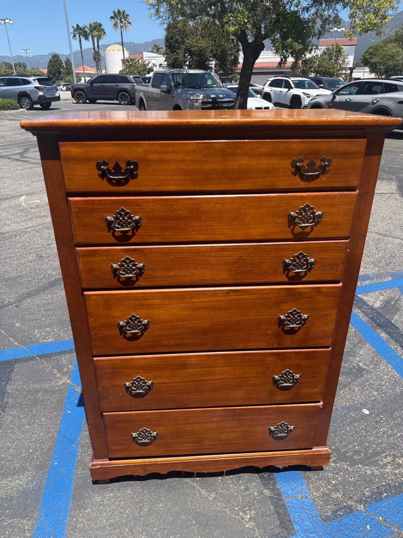 Cherry-Finish Pine Six-Drawer Tall Dresser, 54 x 38 x 19 in
