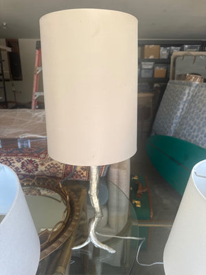 Faux Bois Branch Table Lamp with Cream Cylindrical Drum Shade (Nickel/Silver Tone) 29 1/2” tall; Shade 10 1/4” wide