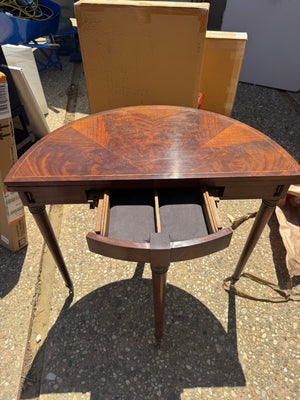 Round Mahogany Demi-Lune Console Table (30x36) Marquetry-Style Inlay Top and Felt-Lined Drawers