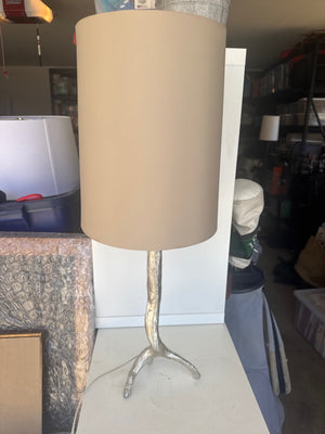 Faux Bois Branch Table Lamp with Cream Cylindrical Drum Shade (Nickel/Silver Tone) 29 1/2” tall; Shade 10 1/4” wide