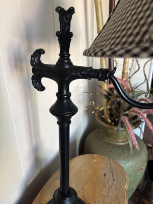 Pair of Black Table Lamps with Black and White Shade Accents (31” and 30” Tall)