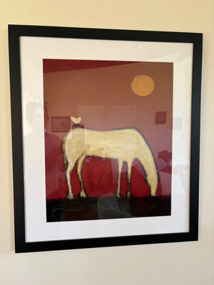 Karen Bezuidenhout “Free Ride” Giclée Print of White Horse on Red Background 26.5 x 23 inches