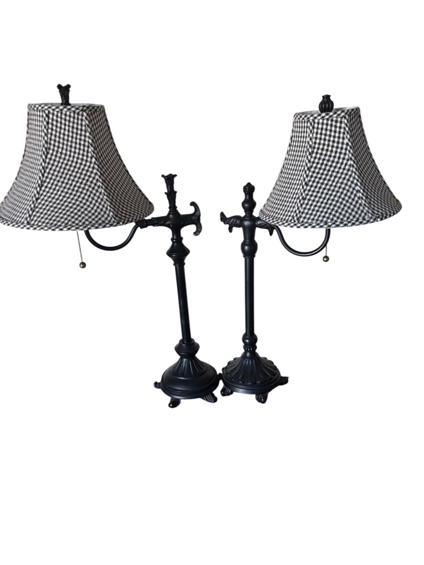 Pair of Black Table Lamps with Black and White Shade Accents (31” and 30” Tall)