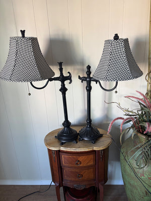 Pair of Black Table Lamps with Black and White Shade Accents (31” and 30” Tall)