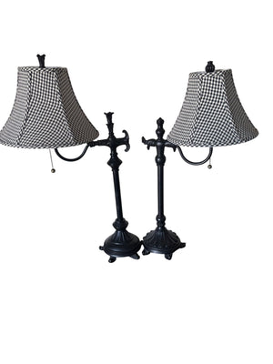 Pair of Black Table Lamps with Black and White Shade Accents (31” and 30” Tall)