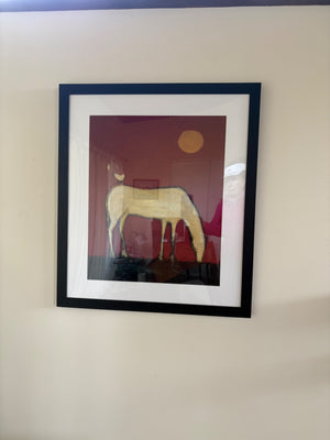 Karen Bezuidenhout “Free Ride” Giclée Print of White Horse on Red Background 26.5 x 23 inches