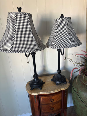 Pair of Black Table Lamps with Black and White Shade Accents (31” and 30” Tall)
