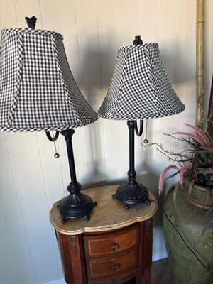 Pair of Black Table Lamps with Black and White Shade Accents (31” and 30” Tall)