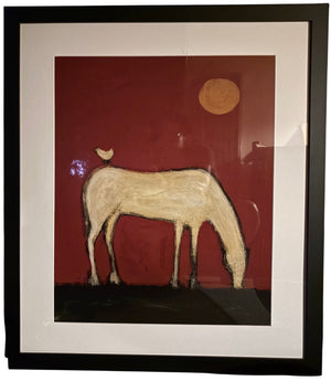 Karen Bezuidenhout “Free Ride” Giclée Print of White Horse on Red Background 26.5 x 23 inches