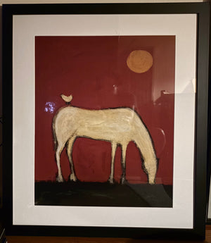 Karen Bezuidenhout “Free Ride” Giclée Print of White Horse on Red Background 26.5 x 23 inches