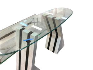 Tessellated Marble Table Bases by Maitland Smith With Glass Top 30x40 (Damage to Veneer)