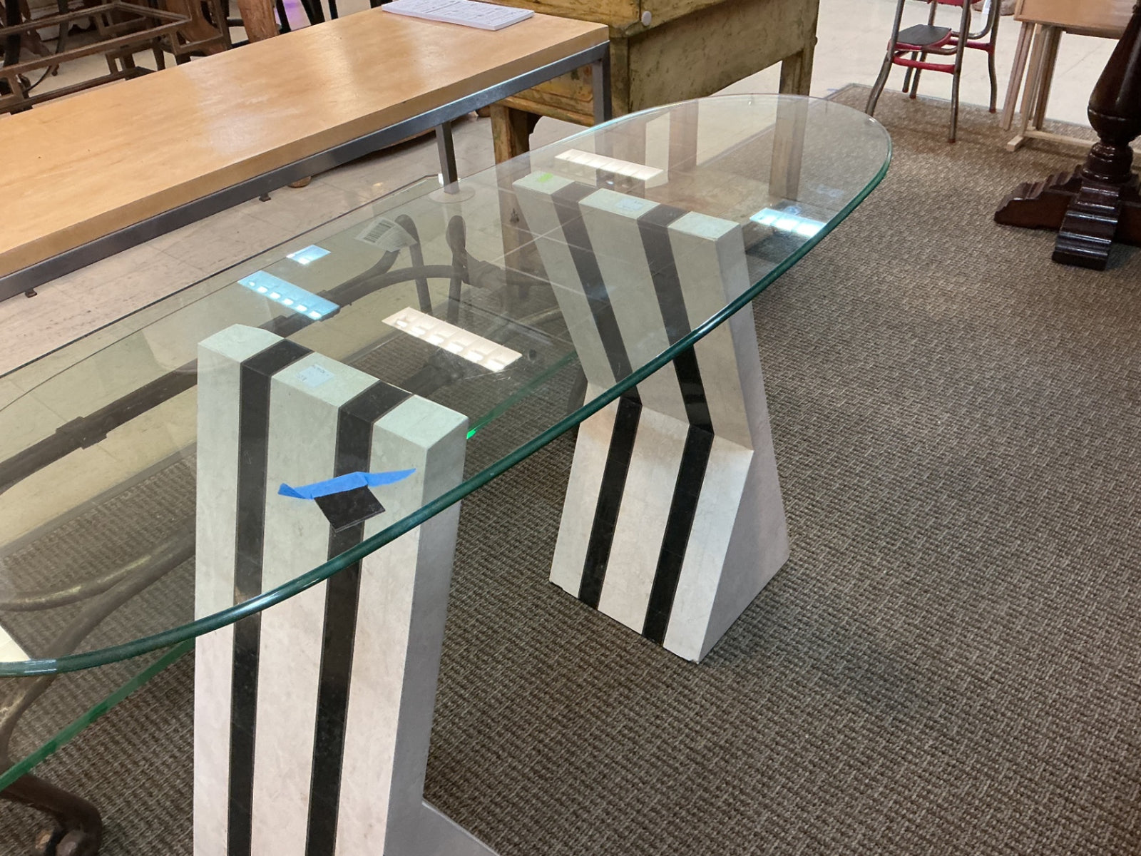 Tessellated Marble Table Bases by Maitland Smith With Glass Top 30x40 (Damage to Veneer)